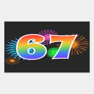 Fun Fireworks + Rainbow Pattern "67" Event Number Rectangular Sticker