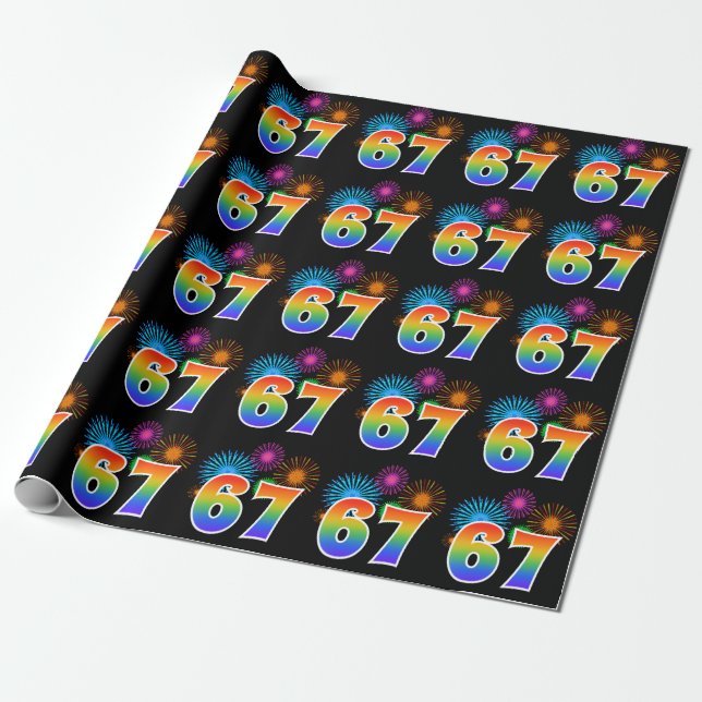 Fun Fireworks + Rainbow Pattern "67" Event Number Wrapping Paper (Unrolled)
