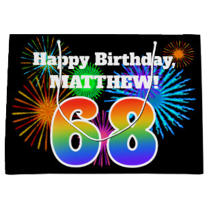 Fun Fireworks + Rainbow Pattern "68" Birthday # Large Gift Bag