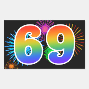 Fun Fireworks + Rainbow Pattern "69" Event Number Rectangular Sticker
