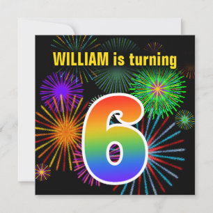 Fun Fireworks + Rainbow Pattern "6" Birthday # Invitation