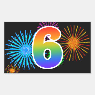 Fun Fireworks + Rainbow Pattern "6" Event Number Rectangular Sticker