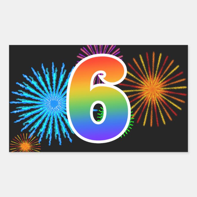 Fun Fireworks + Rainbow Pattern "6" Event Number Rectangular Sticker (Front)