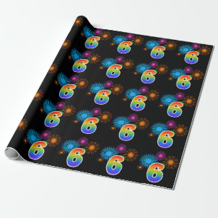 Fun Fireworks + Rainbow Pattern "6" Event Number Wrapping Paper