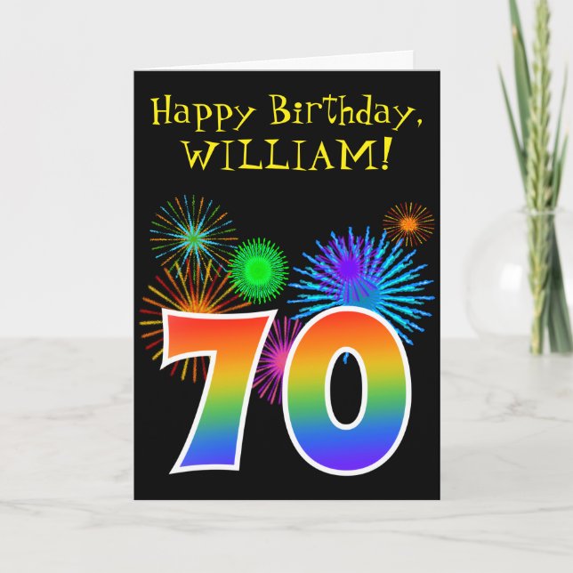 Fun Fireworks + Rainbow Pattern "70" Birthday # Card (Front)