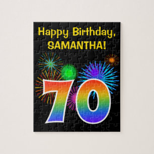 Fun Fireworks + Rainbow Pattern "70" Birthday # Jigsaw Puzzle