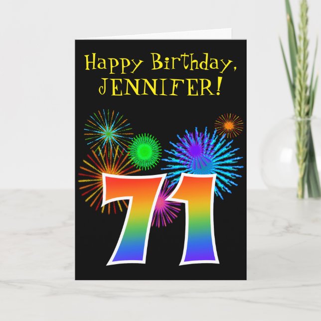 Fun Fireworks + Rainbow Pattern "71" Birthday # Card (Front)