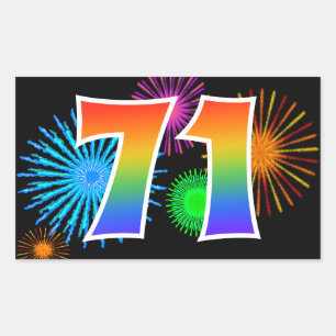 Fun Fireworks + Rainbow Pattern "71" Event Number Rectangular Sticker