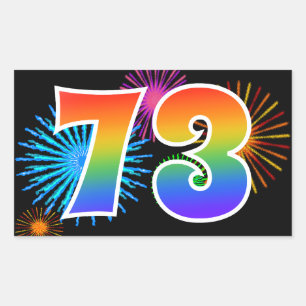 Fun Fireworks + Rainbow Pattern "73" Event Number Rectangular Sticker