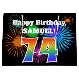 Fun Fireworks + Rainbow Pattern "74" Birthday # Large Gift Bag