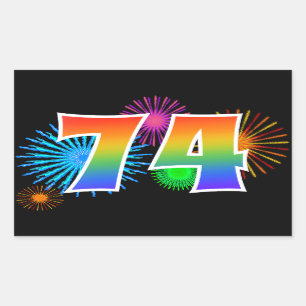 Fun Fireworks + Rainbow Pattern "74" Event Number Rectangular Sticker