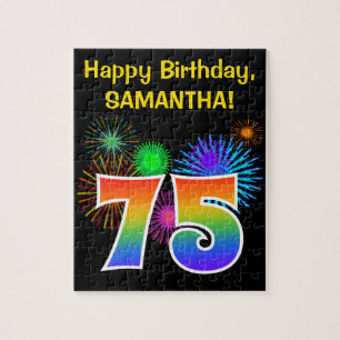 Fun Fireworks + Rainbow Pattern "75" Birthday # Jigsaw Puzzle