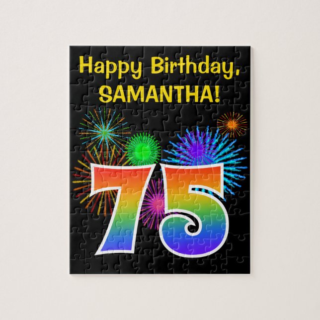 Fun Fireworks + Rainbow Pattern "75" Birthday # Jigsaw Puzzle (Vertical)