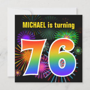 Fun Fireworks + Rainbow Pattern "76" Birthday # Invitation