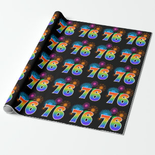 Fun Fireworks + Rainbow Pattern "76" Event Number Wrapping Paper