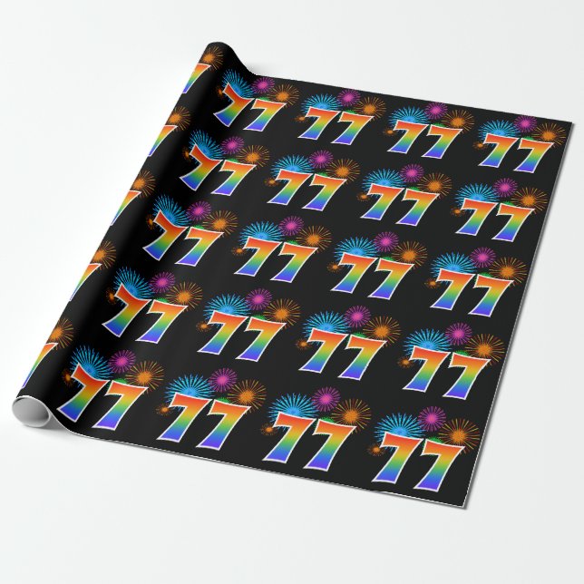 Fun Fireworks + Rainbow Pattern "77" Event Number Wrapping Paper (Unrolled)