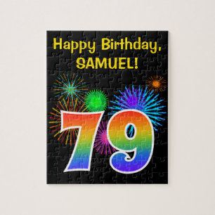 Fun Fireworks + Rainbow Pattern "79" Birthday # Jigsaw Puzzle