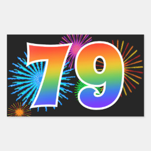 Fun Fireworks + Rainbow Pattern "79" Event Number Rectangular Sticker