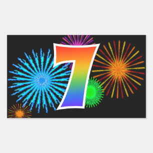 Fun Fireworks + Rainbow Pattern "7" Event Number Rectangular Sticker