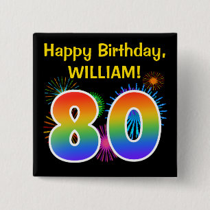 Fun Fireworks + Rainbow Pattern "80" Birthday # 15 Cm Square Badge