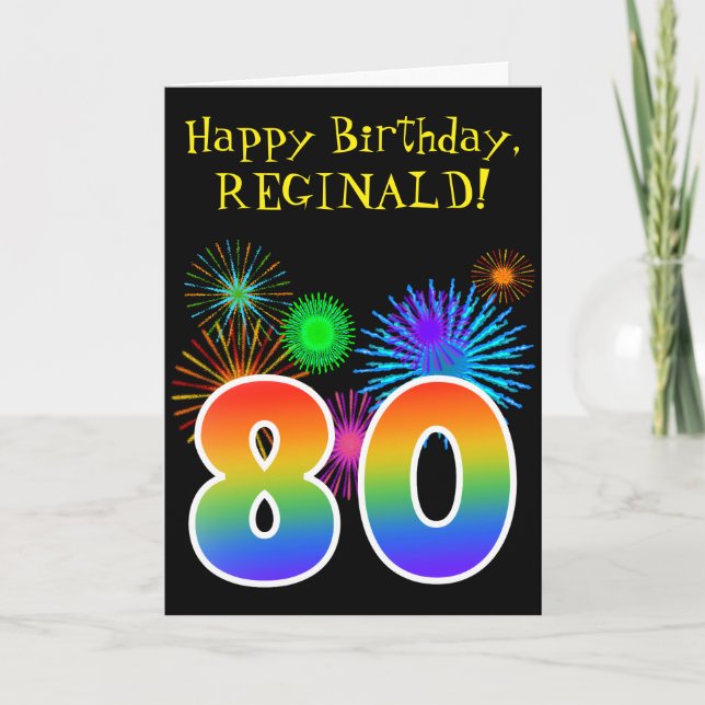 Fun Fireworks + Rainbow Pattern "80" Birthday # Card (Front)