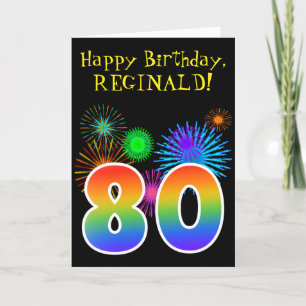 Fun Fireworks + Rainbow Pattern "80" Birthday # Card