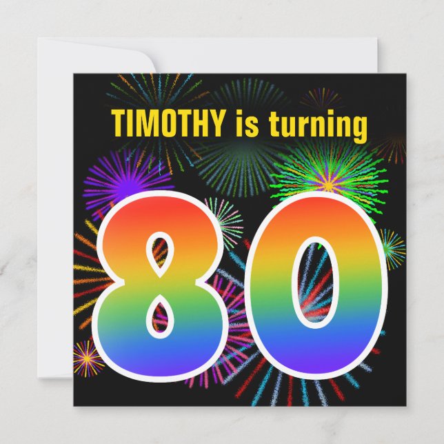 Fun Fireworks + Rainbow Pattern "80" Birthday # Invitation (Front)