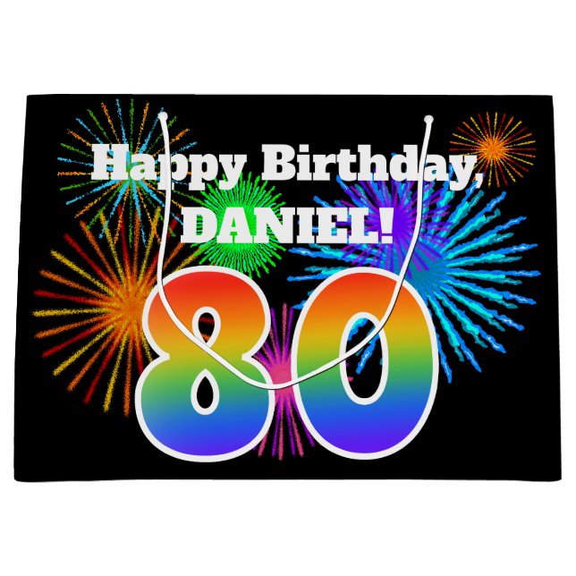 Fun Fireworks + Rainbow Pattern "80" Birthday # Large Gift Bag (Front)