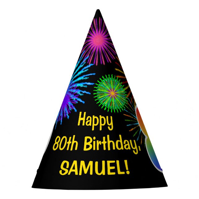 Fun Fireworks + Rainbow Pattern "80" Birthday # Party Hat (Front)