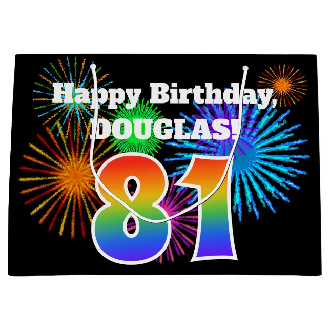 Fun Fireworks + Rainbow Pattern "81" Birthday # Large Gift Bag (Front)