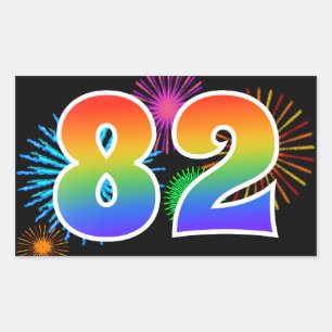Fun Fireworks + Rainbow Pattern "82" Event Number Rectangular Sticker