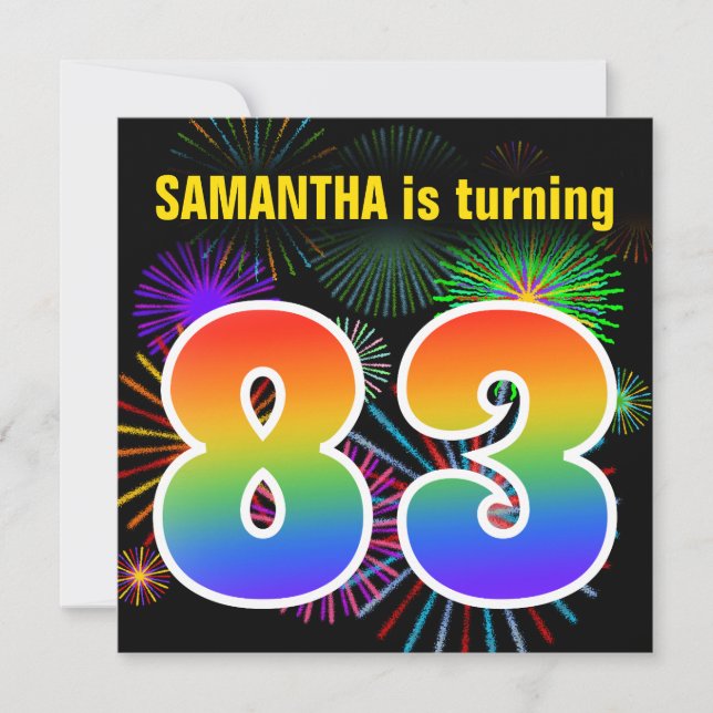 Fun Fireworks + Rainbow Pattern "83" Birthday # Invitation (Front)
