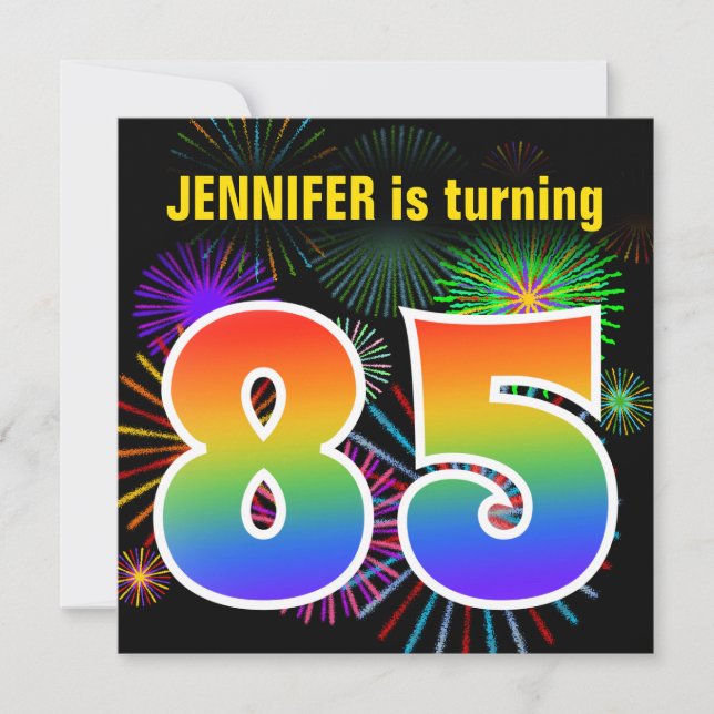 Fun Fireworks + Rainbow Pattern "85" Birthday # Invitation (Front)