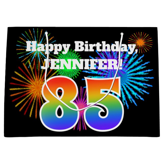 Fun Fireworks + Rainbow Pattern "85" Birthday # Large Gift Bag (Front)