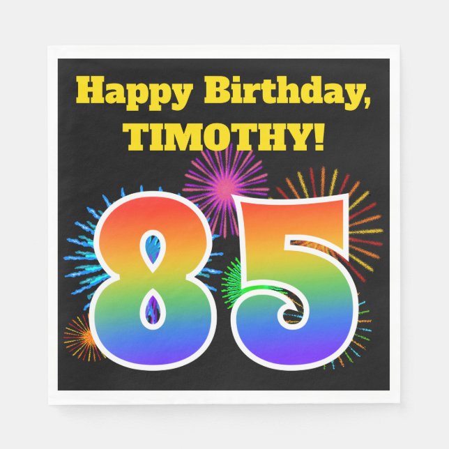 Fun Fireworks + Rainbow Pattern "85" Birthday # Napkin (Front)