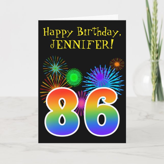 Fun Fireworks + Rainbow Pattern "86" Birthday # Card (Front)