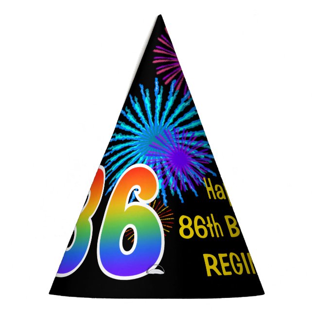 Fun Fireworks + Rainbow Pattern "86" Birthday # Party Hat (Left)