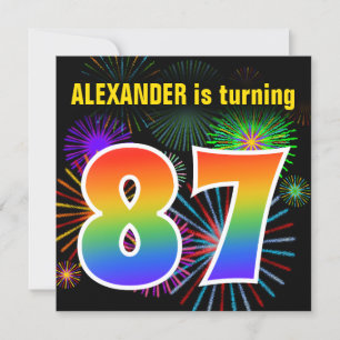 Fun Fireworks + Rainbow Pattern "87" Birthday # Invitation