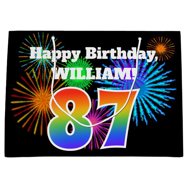 Fun Fireworks + Rainbow Pattern "87" Birthday # Large Gift Bag (Front)