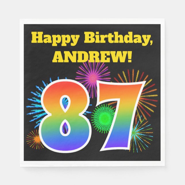 Fun Fireworks + Rainbow Pattern "87" Birthday # Napkin (Front)