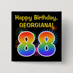 Fun Fireworks + Rainbow Pattern "88" Birthday # 15 Cm Square Badge