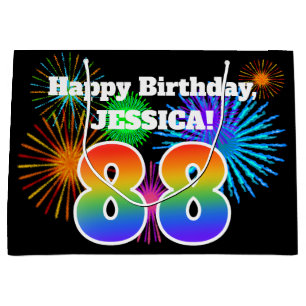 Fun Fireworks + Rainbow Pattern "88" Birthday # Large Gift Bag