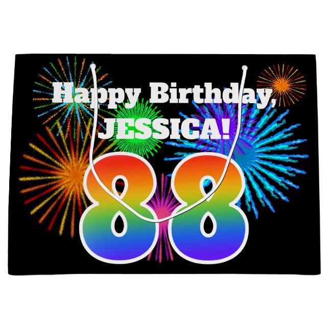 Fun Fireworks + Rainbow Pattern "88" Birthday # Large Gift Bag (Front)