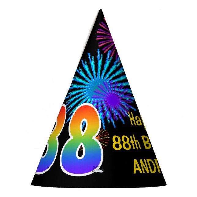 Fun Fireworks + Rainbow Pattern "88" Birthday # Party Hat (Left)