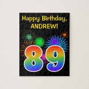 Fun Fireworks + Rainbow Pattern "89" Birthday # Jigsaw Puzzle