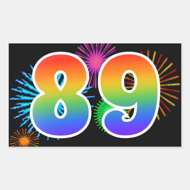Fun Fireworks + Rainbow Pattern "89" Event Number Rectangular Sticker (Front)