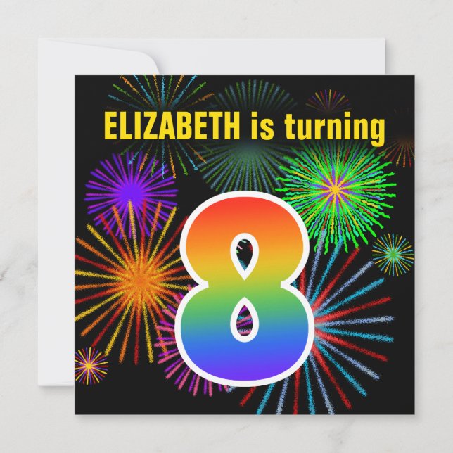 Fun Fireworks + Rainbow Pattern "8" Birthday # Invitation (Front)