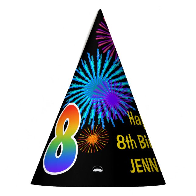 Fun Fireworks + Rainbow Pattern "8" Birthday # Party Hat (Left)