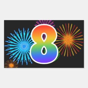 Fun Fireworks + Rainbow Pattern "8" Event Number Rectangular Sticker