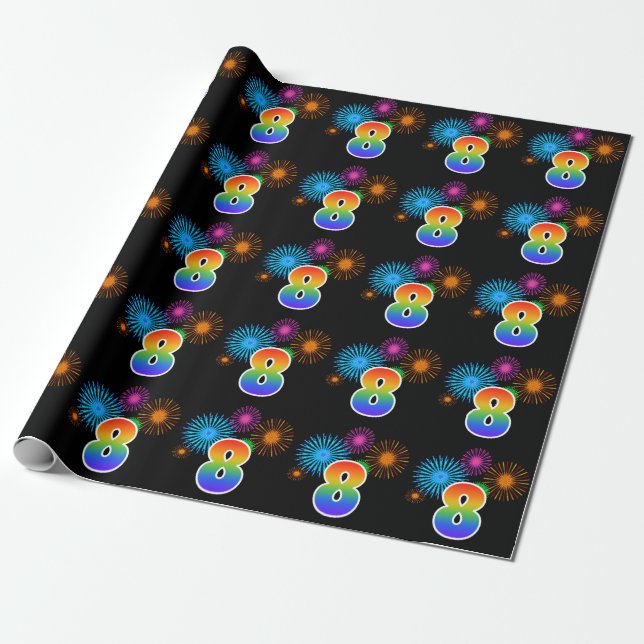 Fun Fireworks + Rainbow Pattern "8" Event Number Wrapping Paper (Unrolled)